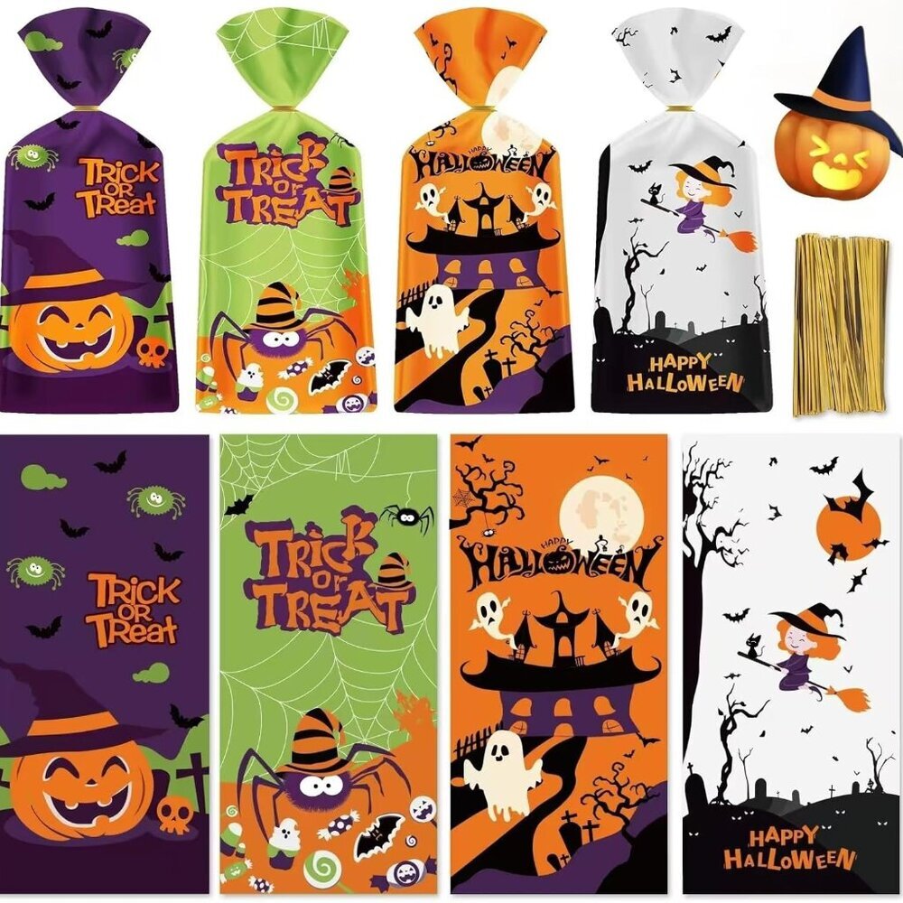50 Pack Halloween Treat Bags - Plastic Halloween Goodie Bags, Happy Halloweens C